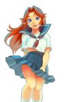  bad_id blue_eyes blush_stickers brown_hair footwear long_hair malon nintendo ocarina_of_time pointy_ears red_hair school_uniform serafuku shiwashiwa_no_kinchakubukuru skirt socks solo the_legend_of_zelda white_legwear 