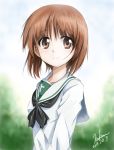  1girl artist_name brown_eyes brown_hair close-up dated girls_und_panzer highres kem_kem looking_at_viewer neckerchief nishizumi_miho school_uniform serafuku short_hair signature smile solo standing 