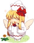  bad_id blonde_hair blush bow chibi closed_eyes dandelion dress eyes_closed flower hat lily_white long_hair matatabi_maru open_mouth simple_background smile solo squatting touhou whispering wings 
