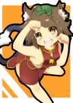  ahoge animal_ears bell brown_eyes brown_hair cat_ears cat_tail chen earrings haruyonoto hat heart heart-shaped_pupils highres jewelry jingle_bell multiple_tails no_bra open_mouth paw_pose solo symbol-shaped_pupils tail touhou yellow_eyes 