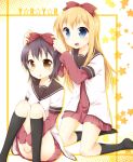  black_hair black_legwear blonde_hair blue_eyes bow brown_eyes funami_yui hadukii hair_bow highres kneeling long_hair multiple_girls school_uniform serafuku short_hair toshinou_kyouko yuru_yuri 