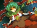  bow frills front_ponytail green_eyes green_hair hair_bow hair_ribbon kagiyama_hina leaf myou_mu open_mouth ribbon shaded_face touhou 