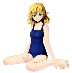  0625a 1girl barefoot blonde_hair feet green_eyes mizuhashi_parsee one-piece_swimsuit pointy_ears school_swimsuit short_hair sitting solo swimsuit touhou wariza 