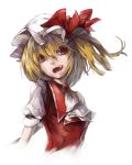  ascot blonde_hair brooch bust fangs flandre_scarlet hat hat_ribbon highres jewelry maz_(fanxuying) open_mouth red_eyes ribbon side_ponytail smile solo the_embodiment_of_scarlet_devil touhou 