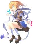  aqua_eyes bare_shoulders blonde_hair boots bow breasts butterfly detached_sleeves green_eyes highres kneehighs legs mizuhashi_parsee momiji_oroshi pointy_ears ponytail ribbon short_hair simple_background solo touhou white_legwear 