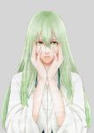  1boy androgynous enkidu_(fate/strange_fake) fate/strange_fake fate_(series) green_eyes green_hair hands_on_own_face long_hair robe solo tomose0224 