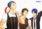  apron blue_hair bouquet brown_eyes brown_hair cigarette earrings fate/prototype fate/stay_night fate/zero fate_(series) flower formal jewelry lancer lancer_(fate/prototype) lancer_(fate/zero) long_hair male mu_tation multiple_boys necktie ponytail red_eyes suit tray 