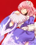  :p anthiea bad_id breasts butterfly fan folding_fan hair_ornament holding japanese_clothes kimono no_hat no_headwear obi paper_fan pink_hair red_background red_eyes ribbon saigyouji_yuyuko short_hair simple_background smile solo tongue touhou yellow_eyes 