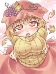  aki_minoriko blonde_hair blush breast_hold breasts crossed_arms food fruit grapes hat highres leaf looking_at_viewer nyagakiya open_mouth red_eyes ribbed_sweater short_hair solo sweater touhou 