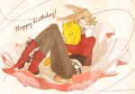  animal_ears barnaby_brooks_jr belt birthday blonde_hair boots bunny_ears bunny_tail green_eyes jacket jewelry kemonomimi_mode male mochizuki_anko necklace no_glasses red_jacket smile solo studded_belt stuffed_animal stuffed_tiger stuffed_toy tail tiger_&amp;_bunny 