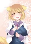  1girl animal_ears blonde_hair blush breasts bust fox_ears fox_tail hammer_(sunset_beach) highres large_breasts multiple_tails no_hat no_headwear open_mouth short_hair smile solo tail touhou yakumo_ran yellow_eyes 