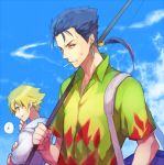  blonde_hair blue_hair earrings fate/hollow_ataraxia fate/stay_night fate_(series) fishing_rod gilgamesh holding holding_fishing_rod jewelry lancer long_hair male mu_tation multiple_boys ponytail red_eyes short_hair 