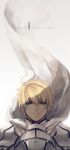  ahoge armor blonde_hair breastplate cape fate/prototype fate/unlimited_codes fate_(series) green_eyes logo male pauldron pauldrons prototype saber saber_(fate/prototype) saber_lily serious short_hair simple_background sinsora solo title_drop 