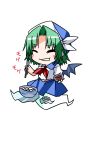  1girl ^_^ bowl chopsticks closed_eyes eating ghost_tail green_hair hat hemogurobin_a1c highres mima multiple_tails neckerchief short_hair skirt solo tail touhou touhou_(pc-98) wings 