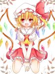  1girl :d ascot bad_id blonde_hair fang flandre_scarlet frills hat highres leaf open_mouth red_eyes short_hair side_ponytail sitting skirt skirt_set smile solo touhou wariza wings wrist_cuffs yuuhagi_(amaretto-no-natsu) 