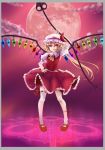  arm_up blonde_hair flandre_scarlet footwear frame frilled_skirt frills full_moon hand_on_hip hat hips laevatein long_hair magic_circle moon multicolored_eyes pink_eyes red_moon red_shoes shoes side_ponytail skirt skirt_lift skirt_set socks solo the_embodiment_of_scarlet_devil thigh-highs thighhighs touhou white_legwear wings xingyueyaoshi 