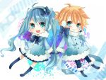  aqua_eyes aqua_hair blonde_hair boots bow chibi earmuffs hand_on_earmuffs hatsune_miku kagamine_len long_hair ponytail ribbons scarf short_hair skirt twintails vocaloid yuki_miku 