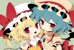  arm_up ascot bad_id bat_wings blonde_hair blue_hair blush bow brooch fang flandre_scarlet green_background haru_(kyou) hat hat_ribbon hug jewelry multiple_girls open_mouth red_eyes remilia_scarlet ribbon shirt short_hair siblings side_ponytail simple_background sisters smile touhou wings 