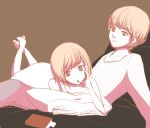  1girl bed casual couple legs_up lying_on_person mouth_hold narukami_yuu on_stomach persona persona_4 pillow pocky reading satonaka_chie short_hair sweater 