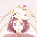  :q bad_id bangs berries blueberry bob_cut bowtie cake english face food food_as_clothes food_on_face fork freckles fruit hat holding holding_fork icing knife nail_polish original purple_eyes purple_hair raspberry shirt short_hair solo tehua text tongue violet_eyes yua_(tick-tack) 