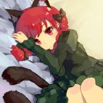  animal_ears blush bow braid cat_ears cat_tail extra_ears hair_bow kaenbyou_rin looking_at_viewer lying multiple_tails on_side paprika_shikiso pashikiso red_eyes red_hair redhead solo tail touhou twin_braids 