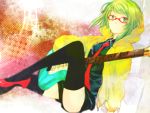  caco_(fmym) glasses green_eyes green_hair guitar gumi hoodie instrument necktie red-framed_glasses short_hair shorts sitting thigh-highs thighhighs tie vocaloid 