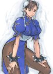  bracelet brown_eyes brown_hair bun_cover chinese_clothes chun-li double_bun earrings hair_bun jewelry kimuchi looking_at_viewer pantyhose sketch solo spiked_bracelet spikes street_fighter 