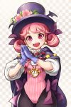  black_legwear cape checkered checkered_background comet_(teamon) conundrum crescent_conundrum fangs flower gloves hands_together hat looking_at_viewer open_mouth pantyhose pink_eyes pink_hair pink_rose pocket_watch rose smile solo star sword_girls watch 