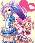  blue_eyes brooch cat_tail choker cure_beat cure_humming double_bun dress frills hair_ornament hairpin haori_(ki-na-ri) happy heart height_difference hummy_(suite_precure) jewelry kurokawa_ellen long_hair magical_girl multiple_girls original paw_pose personification pink_hair ponytail precure purple_hair short_hair siren_(suite_precure) smile suite_precure tail twintails what_if wrist_cuffs yellow_eyes 