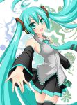  aqua_eyes aqua_hair detached_sleeves hatsune_miku long_hair necktie open_mouth outstretched_arm reaching red-eyes_macadamiachoco skirt solo thigh-highs thighhighs twintails very_long_hair vocaloid 