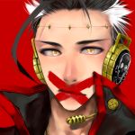  91 big_al brown_hair face facepaint headphones headset male multicolored_hair portrait scar simple_background solo stitches two-tone_hair vocaloid white_hair yellow_eyes 