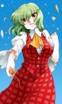  arm_up ascot flower green_hair hair_ornament hairclip kazami_yuuka outstretched_hand petals phenne poppy_(flower) red_eyes shirt short_hair skirt skirt_set solo touhou vest youkai 