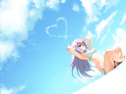  aoten arm_up armpits bare_legs barefoot bikini breasts cloud feet hair_ornament heart indian_style lavender_hair long_hair navel original purple_eyes purple_hair side-tie_bikini sitting sky skywriting solo string_bikini swimsuit violet_eyes 