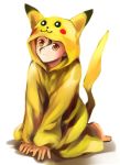  ahoge bad_id barefoot black_hair cosplay fate/zero fate_(series) kneeling lancer_(fate/zero) male mole pikachu pikachu_(cosplay) pikachu_costume pokemon solo white_background yellow_eyes young zerocastle 