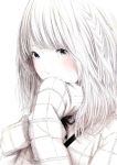  bangs blush braid covering covering_face covering_mouth face grey_eyes hands_in_sleeves monochrome original sawasawa simple_background single_braid spot_color sweater 