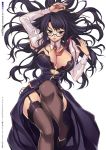  black_bra black_hair black_legwear black_panties bra breasts cleavage garter_straps glasses hae-young_na high_heels highres lace lace-trimmed_thighhighs large_breasts lee_soo-hyon light_smile lingerie lips long_hair looking_at_viewer necktie panties parted_lips pointer puffy_sleeves purple_eyes shoes slender_waist solo soo-hyon_lee thigh-highs thighhighs unbalance_unbalance unbalance_x_unbalance underwear violet_eyes wand 