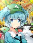  autumn backpack bag blue_eyes blue_hair face hat kawashiro_nitori meet randoseru short_hair solo touhou twintails water 