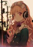  akg brown_eyes bust chain chains hair_ribbon headphones highres kodamasawa_izumi long_hair looking_at_viewer original power_lines ribbon solo wavy_hair 