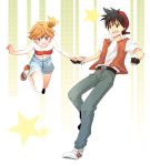  backwards_hat belt black_hair brown_eyes denim hand_holding hat holding_hands jumping kasumi_(pokemon) open_mouth orange_hair pokemon pokemon_special red_(pokemon) shirt shoes shorts side_ponytail sneakers star starry_background surprised tubetop vest white_shirt 