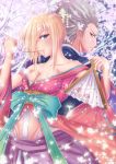  1girl ahoge archer bare_shoulders blonde_hair blue_eyes bow breasts brown_eyes cleavage fan fate/stay_night fate_(series) folding_fan hair_over_one_eye japanese_clothes jisper2002 kimono mouth_hold obi red_eyes saber string white_hair 
