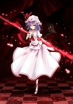  ascot bat_wings blood blue_hair brooch dress hand_on_own_chest hat highres jewelry polearm red_eyes remilia_scarlet ribbon short_hair smile solo spear spear_the_gungnir touhou weapon wings wrist_cuffs zzz36951 