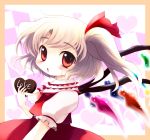  blonde_hair blush chibi chocolate chocolate_heart fang flandre_scarlet frame hair_ribbon heart highres looking_at_viewer no_hat no_headwear red_eyes ribbon shirt side_ponytail skirt skirt_set solo the_embodiment_of_scarlet_devil touhou vest wings yume_shokunin 