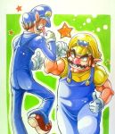  anei brothers brown_hair facial_hair fist_bump gloves hat long_nose marker_(medium) multiple_boys muscle mustache nintendo overalls red_nose siblings super_mario_bros. thumbs_up traditional_media waluigi wario white_gloves 
