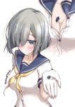  1girl blush breasts cleavage gloves hair_ornament hair_over_one_eye hairclip hamakaze_(kantai_collection) kantai_collection large_breasts mikage_takashi neckerchief popped_button school_uniform serafuku short_hair silver_hair solo twitter_username upper_body white_gloves 