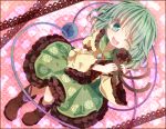  boots cheek_kiss floral_print flower green_eyes green_hair hair_ribbon heart kaenbyou_rin kaenbyou_rin_(cat) kiss komeiji_koishi multiple_girls multiple_tails open_mouth ribbon rose shirt skirt smile tail third_eye touhou wink yamone 