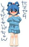  bad_feet bare_legs barefoot blue_hair blush bottomless child drill_hair eromame flower hair_flower hair_ornament hair_rings kaku_seiga naked_sweater no_pants off_shoulder oversized_clothes ribbed_sweater solo standing sweater touhou translated translation_request twin_drills young 