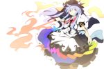  blue_hair dress food frilled_skirt fruit hat hinanawi_tenshi holding itoo long_hair open_mouth parted_lips peach puffy_sleeves red_eyes ribbon simple_background skirt solo sword sword_of_hisou touhou weapon white_background 