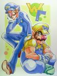  anei brothers brown_hair chin_rest facial_hair gloves hat leaning_on_person long_nose marker_(medium) multiple_boys muscle mustache nintendo overalls red_nose siblings sitting super_mario_bros. traditional_media waluigi wario white_gloves 