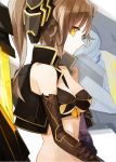  bare_shoulders black_gloves blurry breasts brown_hair cleavage depth_of_field elbow_gloves gloves jacket mechanical midriff original profile pupps solo twintails yellow_eyes 