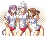  bracelet braid brown_eyes brown_hair buruma grey_eyes grey_hair gym_uniform jewelry long_hair melty_blood multiple_girls ponytail purple_eyes purple_hair raodekiya riesbyfe_stridberg silver_hair single_braid sion_eltnam_atlasia tsukihime two_side_up v violet_eyes yumizuka_satsuki 